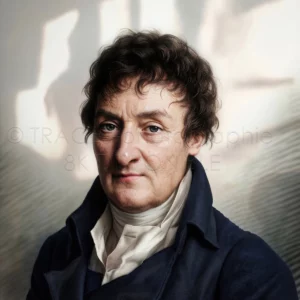 Portrait restauré en haute définition de Jacques Charles (1746–1823), physicien et pionnier de l'aérostation. L'image en qualité 8K Ultra-HD montre une netteté exceptionnelle du visage, de la chevelure poudrée et des détails de l'habit d'époque, réalisée par TRACES-photographie.