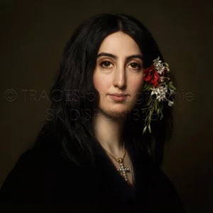 Portrait restauré de l'écrivaine George Sand (1804–1876) en qualité 8K Ultra-HD par TRACES-photographie. On y voit les détails précis de son visage et de sa tenue d'époque.