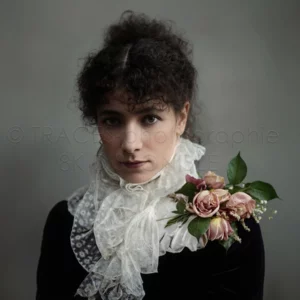 Portrait restauré en haute définition de l'actrice Sarah Bernhardt (1844–1923). L'image en qualité 8K Ultra-HD montre une netteté exceptionnelle des yeux, des cheveux bouclés et des détails de son costume de théâtre, réalisée par TRACES-photographie.